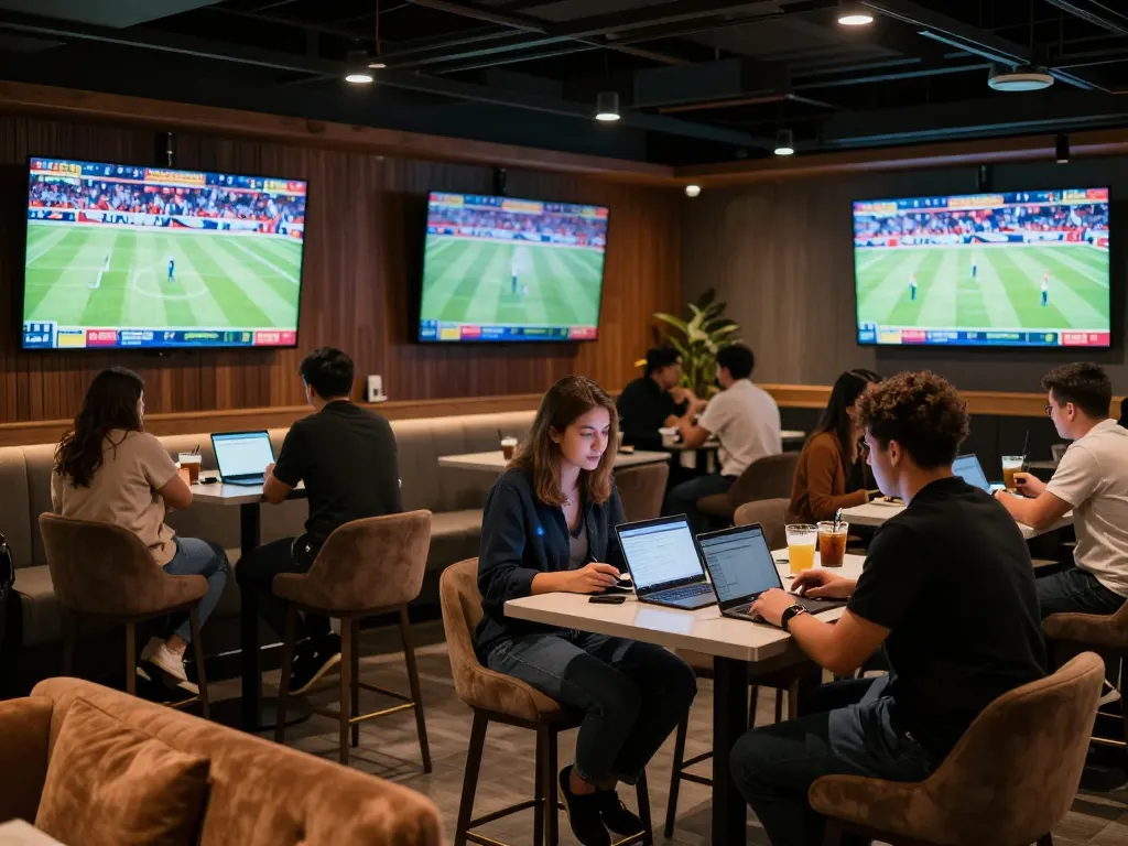 Hit club bettors enthusiastically engaging with screens at a modern sports betting lounge