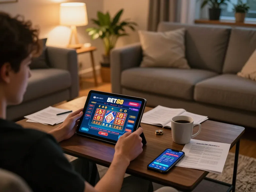 Engaged player enjoying BET88's online casino experience from home setup, with tablet showing gaming interface.