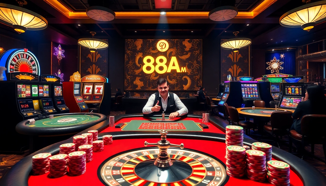Experience excitement at 88aa with players engaging at a luxurious casino table, poker chips in action.