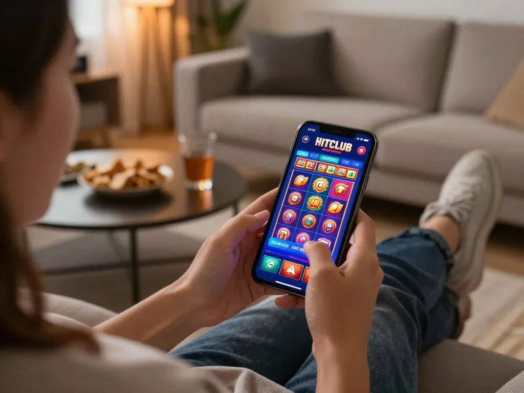 Player engaging with HITCLUB mobile app on smartphone during casual home gaming