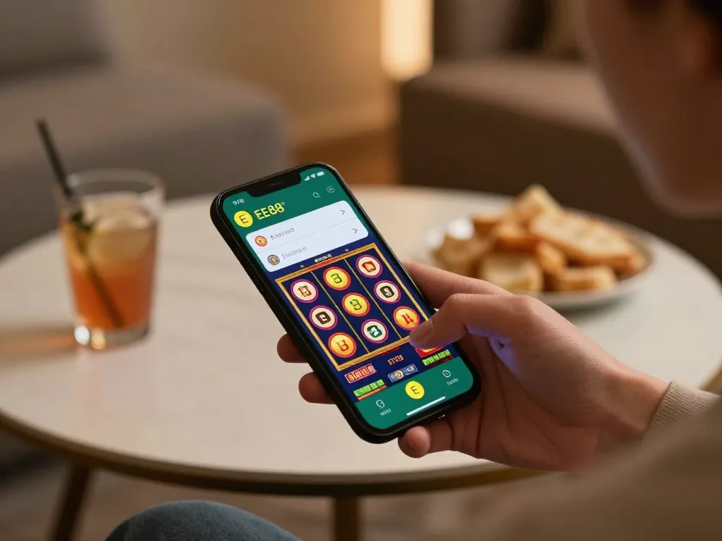 EE88 mobile app featuring vibrant slot machine action enhances online gambling experience.