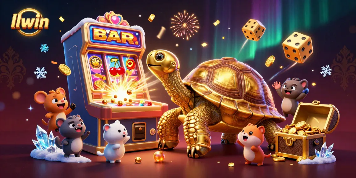 Engage with exciting gaming moments at LLWIN, a vibrant casino scene showcasing golden tortoise characters and jackpot excitement.