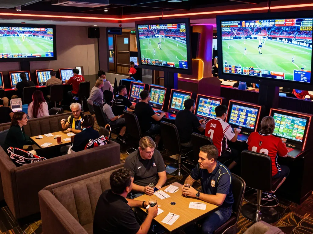 Excited bettors analyzing kèo nhà cái odds in a vibrant sports lounge atmosphere.