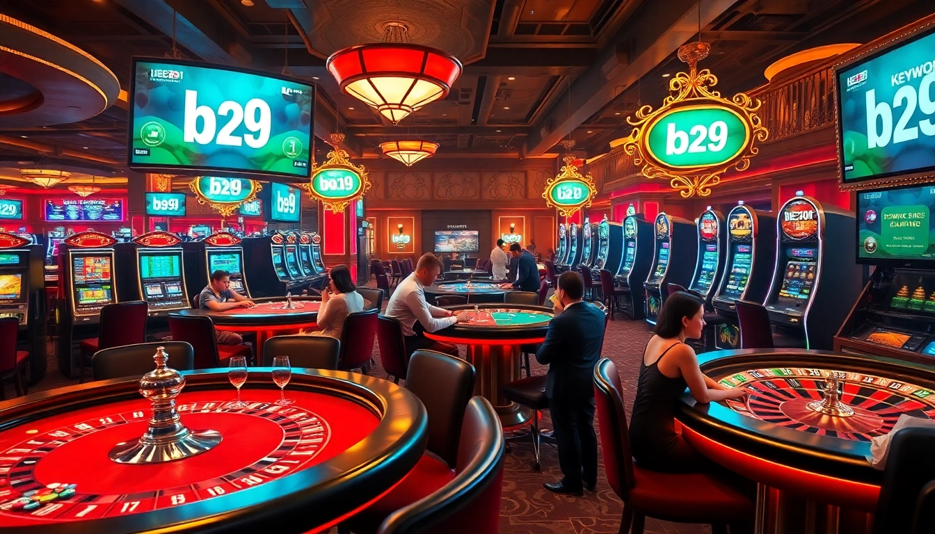 Gamblers engaging with b29 gaming tables amidst vibrant casino atmosphere.