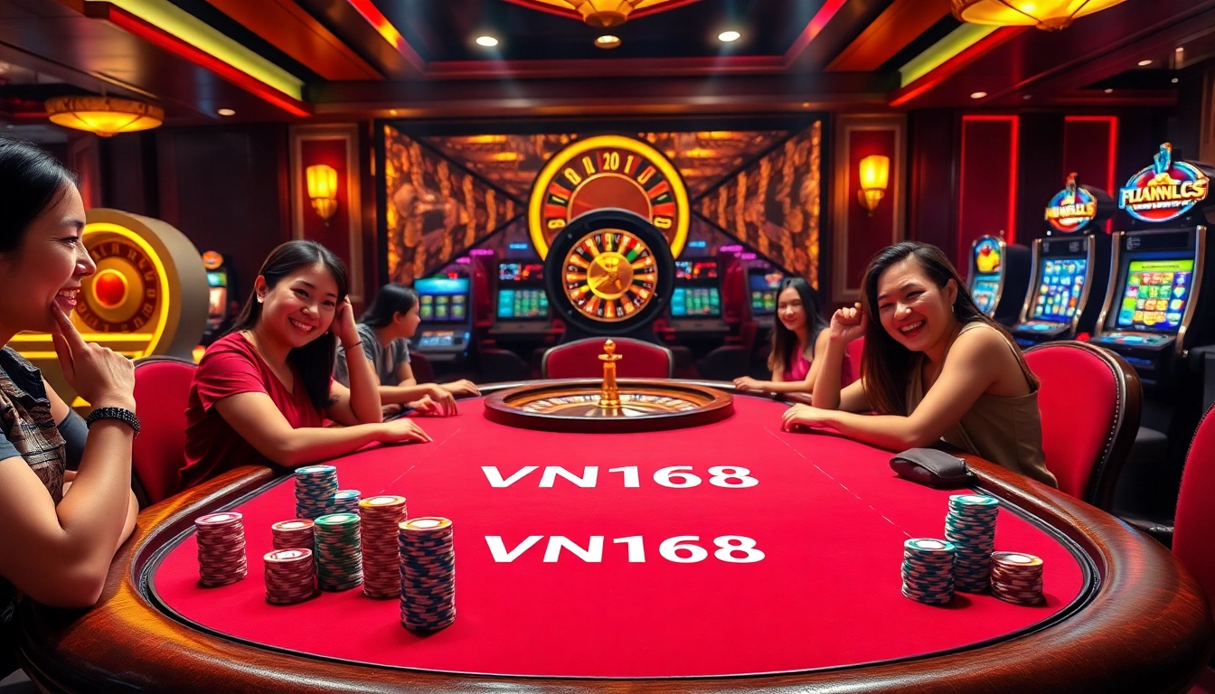 Experience the thrill of gambling with VN168 at an exciting casino atmosphere filled with poker and roulette.