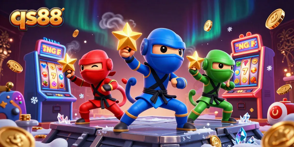 Experience thrilling casino action with qs88, showcased in an energetic scene featuring ninja chameleons and slot machines.