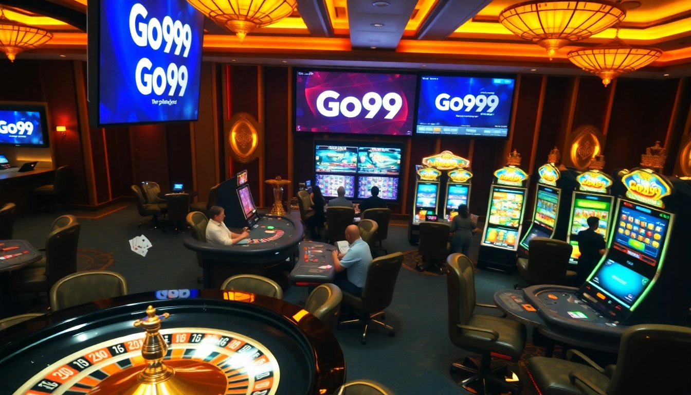 Experience top-tier gambling at Go99 with a vibrant casino atmosphere featuring roulette wheels and slot machines.