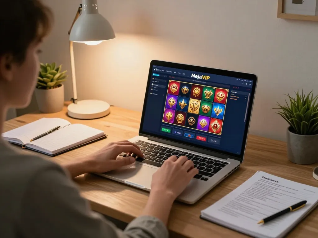 Pemain menikmati slot online MejaVIP di kantor rumah yang nyaman sambil mengelola strategi taruhan.