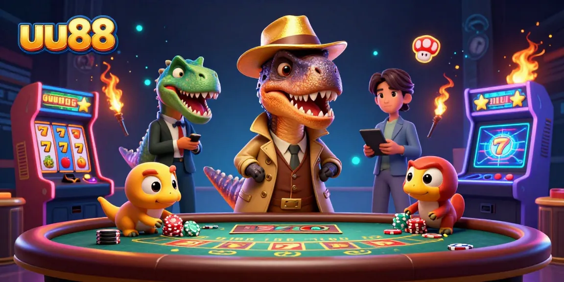 Engage with thrilling uu88 gaming as a cartoon velociraptor tests deception at the blackjack table.
