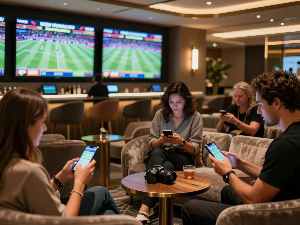 Engaging sports bettors using the Winbd app in a luxurious betting lounge setting.