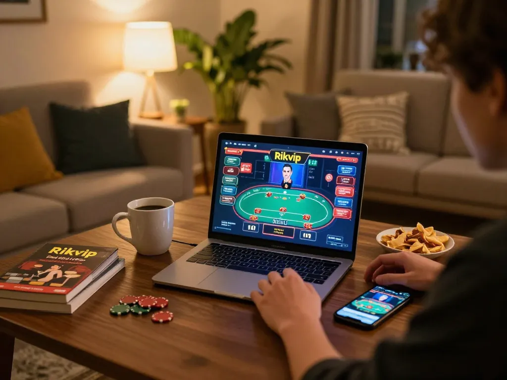Player engaging in online casino action at Rikvip with poker game displayed on laptop