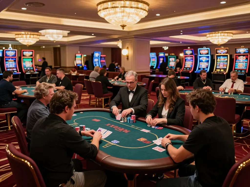 Players strategizing at F168 poker tables in a luxurious casino atmosphere under warm chandeliers.