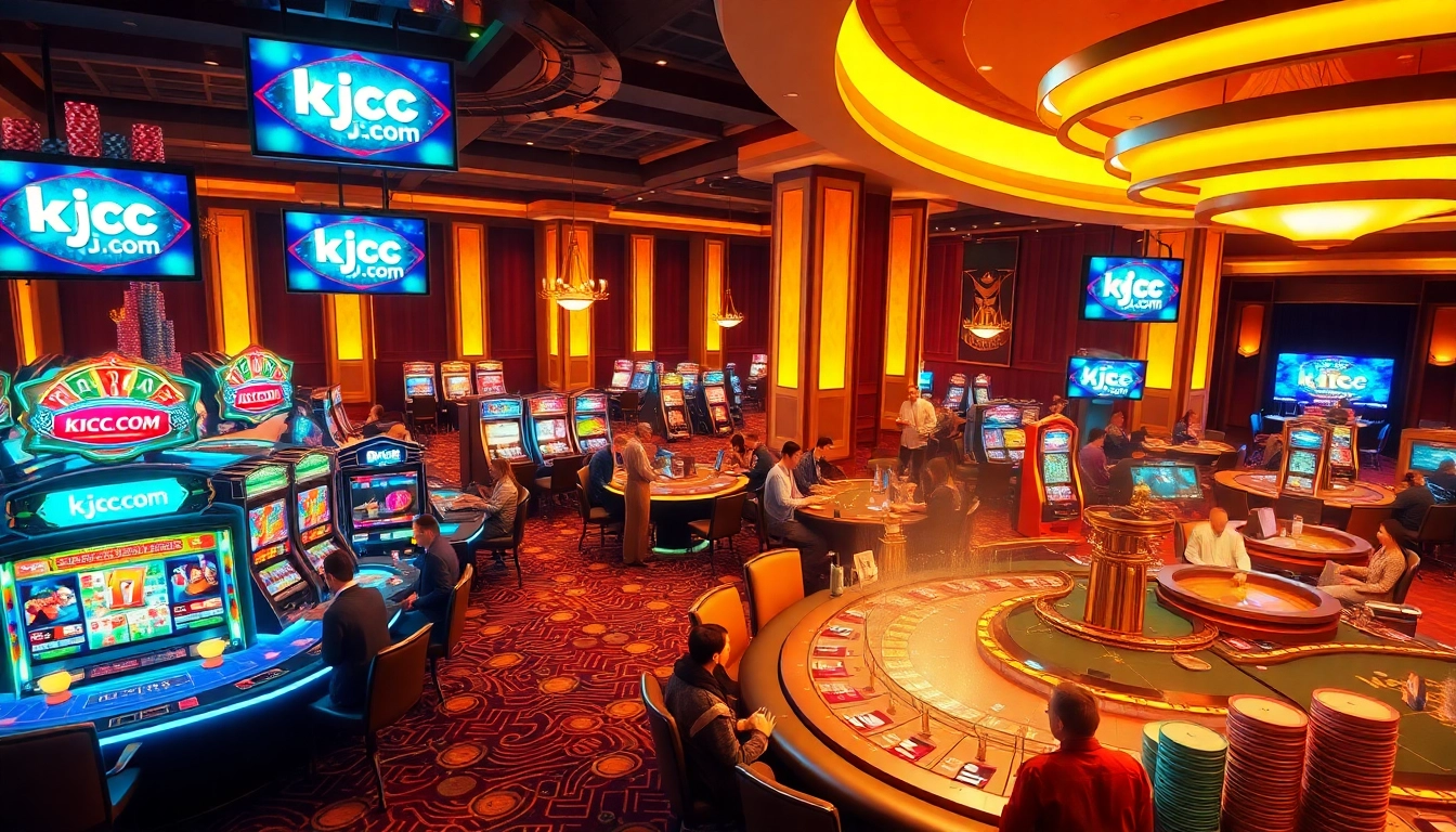 A high-end casino scene featuring engaging games and kjc.com branding, showcasing vibrant luxury and excitement.