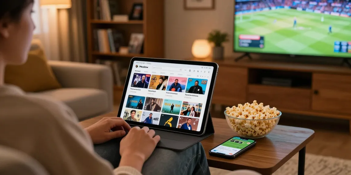 Pikashow APK download scene showing a user streaming movies and live sports in a cozy living room.