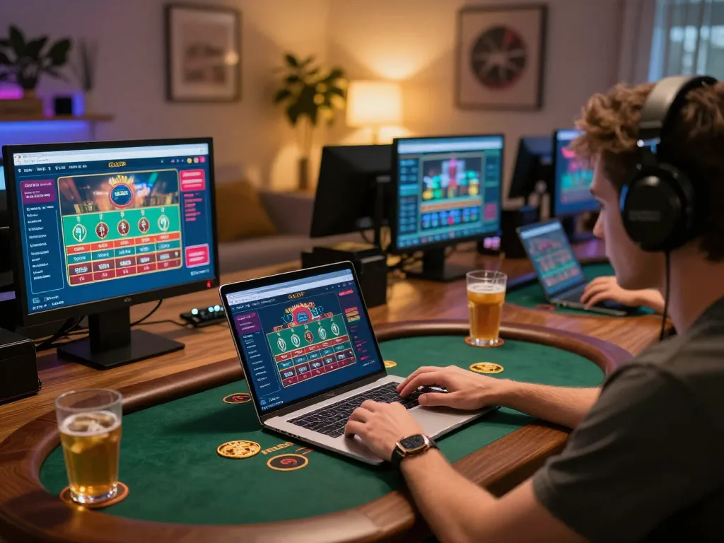 Engaging in online live dealer games at ATQ with multiple screens showcasing blackjack and roulette.