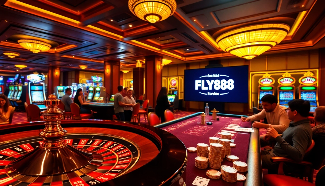 Players enjoying games at FLY88 casino, with a focus on roulette and vibrant poker action.