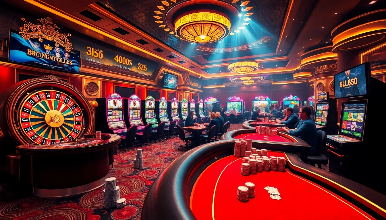 A lively casino atmosphere showcasing games and players at https://bl555.uk.com/, featuring roulette, slots, and poker tables, radiating excitement.
