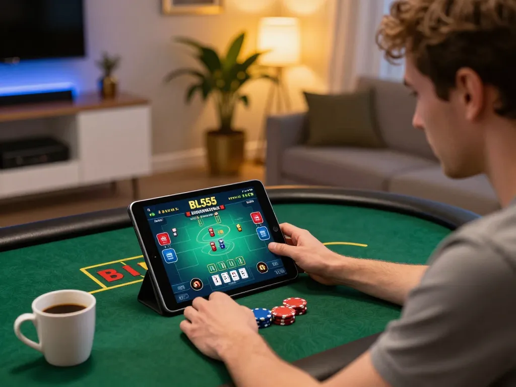 Player engaged in competitive poker gameplay on BL555 platform, showcasing interactive app features and strategic focus.