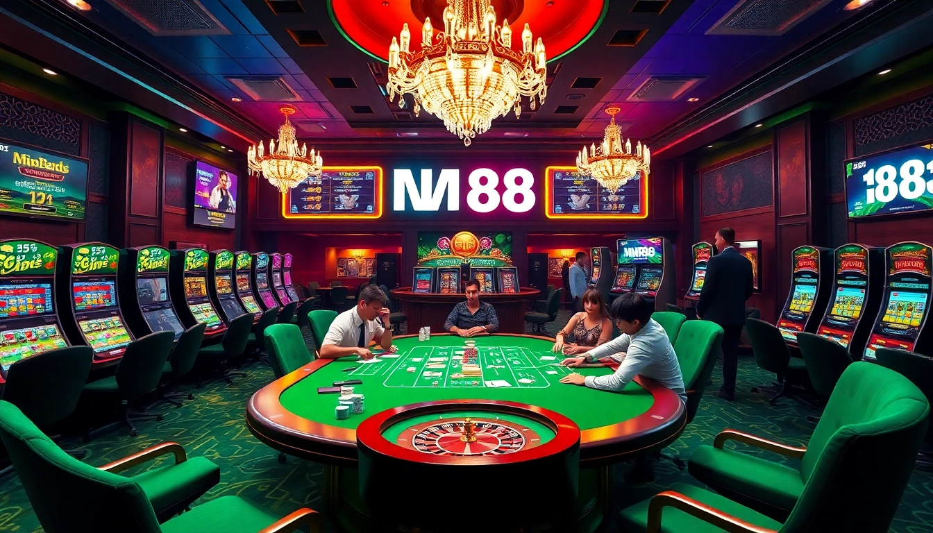 Engaged players experiencing MM88's online casino with vibrant slot machines and poker tables.