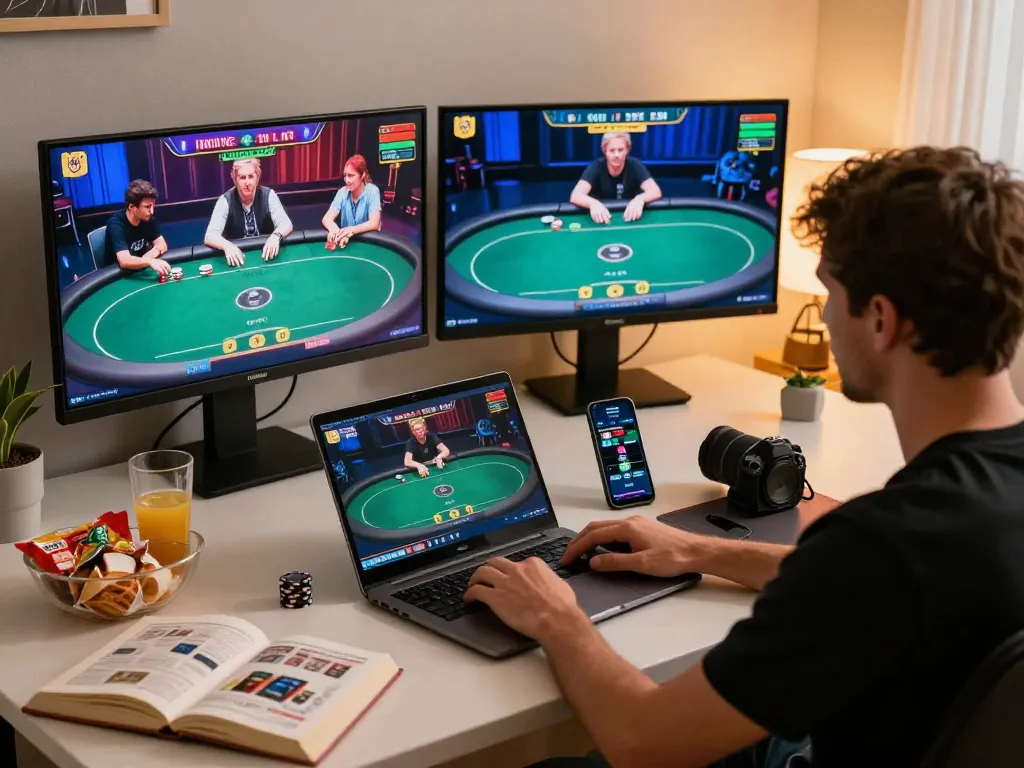 Engage in poker strategy with the dynamic online gaming setup at https://cak-t.com/ featuring multiple screens.