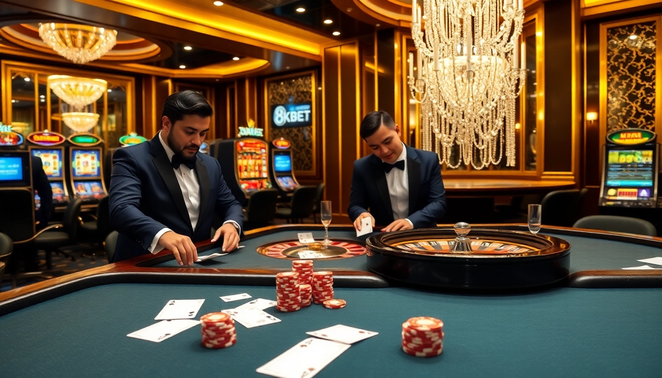 Experience the thrilling atmosphere of 8KBET's luxurious online casino gaming with professional croupiers and vibrant tables.