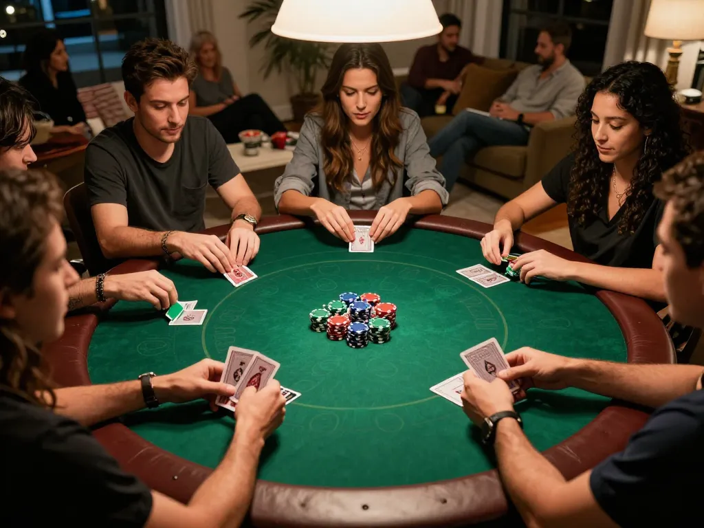 Players enjoying a poker night at home with Onbet strategy, showcasing excitement and camaraderie.