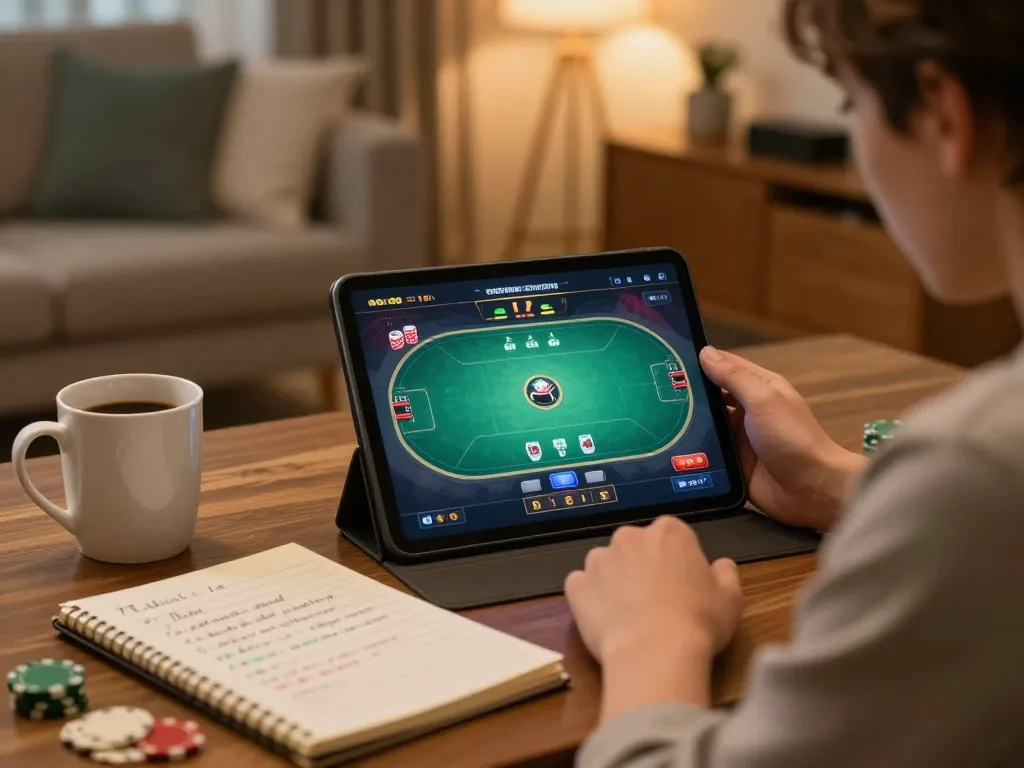 Engaging moment of a player at nhà cái tg88 exploring poker strategies on a tablet in a cozy home setup.