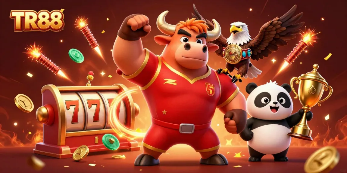TR88 celebrates winning strategies with a victorious bull, eagle, and panda amidst slot game excitement.