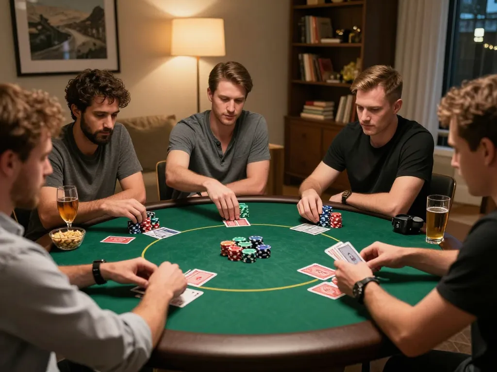 Players enjoying poker night in hitclub, showcasing focused gameplay and colorful chip stacks.