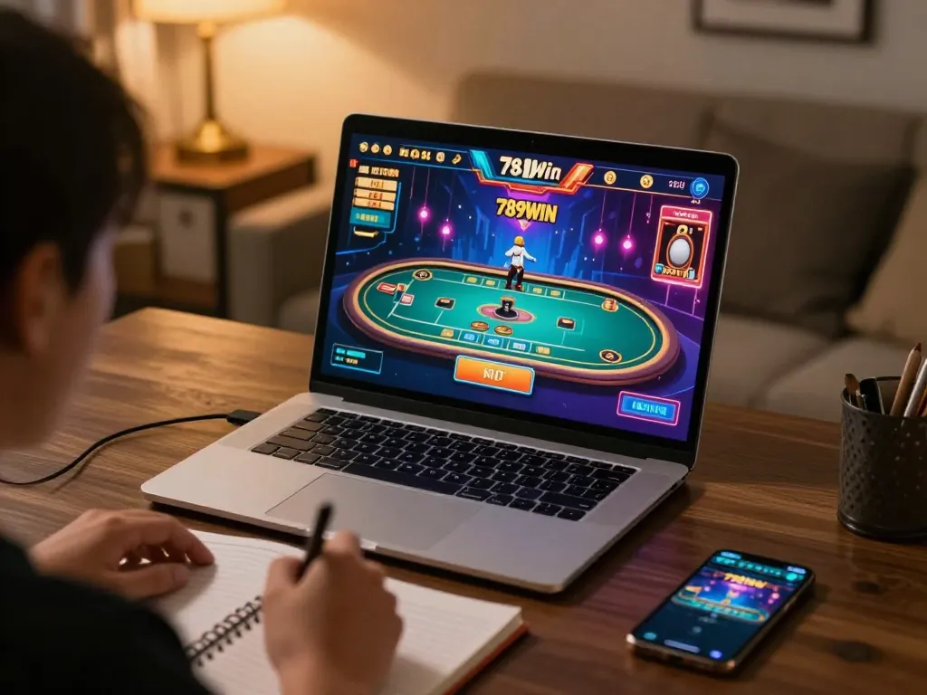 Engaging in 789Win online gameplay at a cozy home office with vibrant graphics displayed