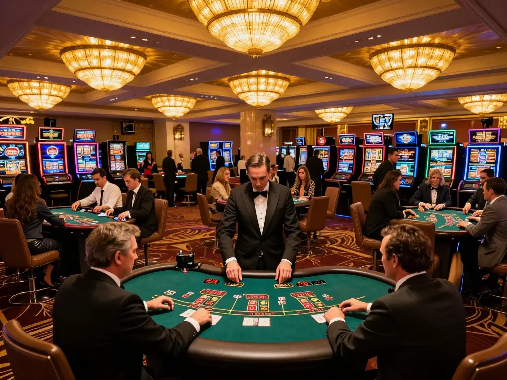 Players enjoying a vibrant casino atmosphere at 7M, engaging in strategic blackjack games under warm golden lighting.