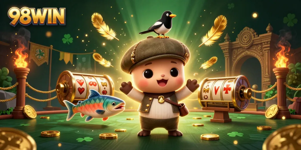 Engage in thrilling gameplay at 98WIN with a vibrant slots illustration featuring cute characters.