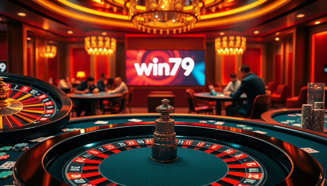 Players enjoying card games at win79's luxurious casino, with rich colors and vibrant atmosphere.