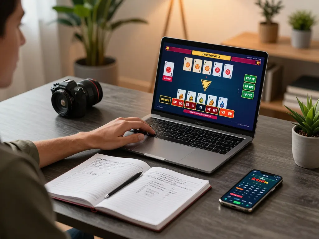 Engaged player at F168 casino using laptop for online blackjack with strategic notes nearby