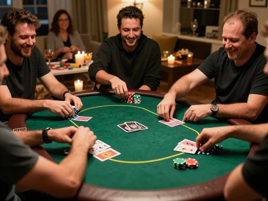 Engaging poker night at home with https://tx88at.com/ showcasing players in action and lively atmosphere.