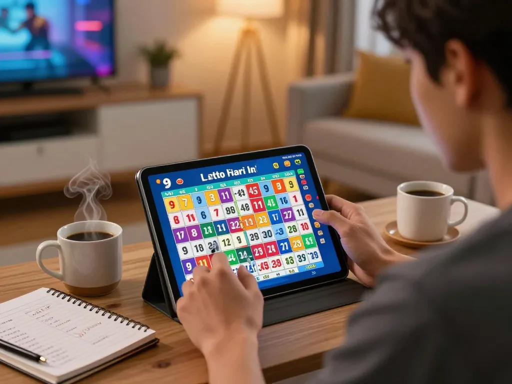 Engaged player checking 9 lotto 4d hari ini results on tablet in cozy home setting
