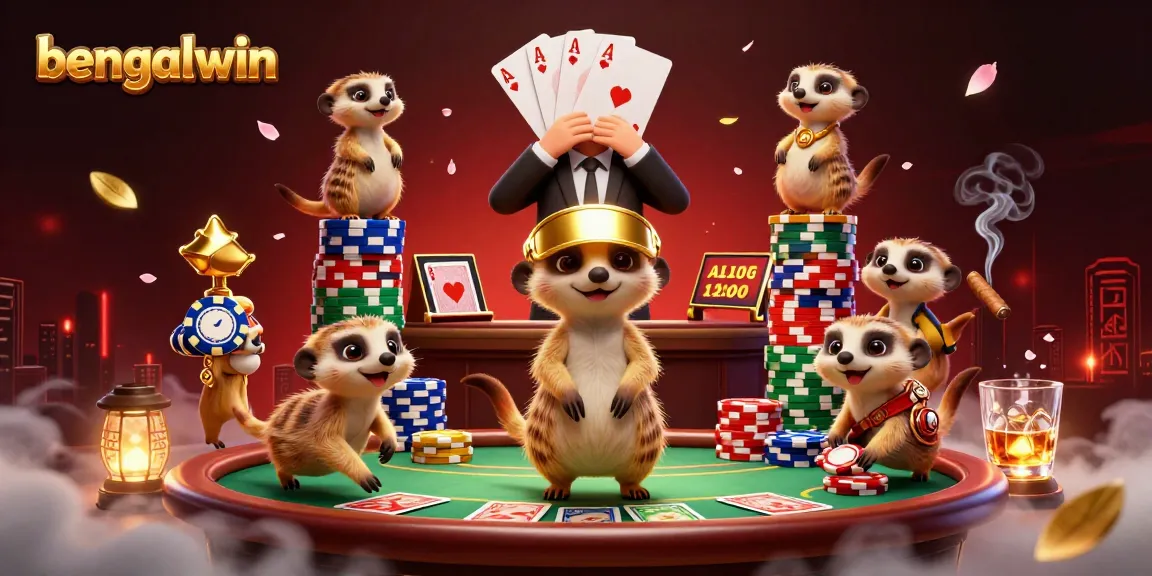 Bengalwin shows a lively meerkat casino scene with card dealers and vibrant poker elements for a thrilling experience.