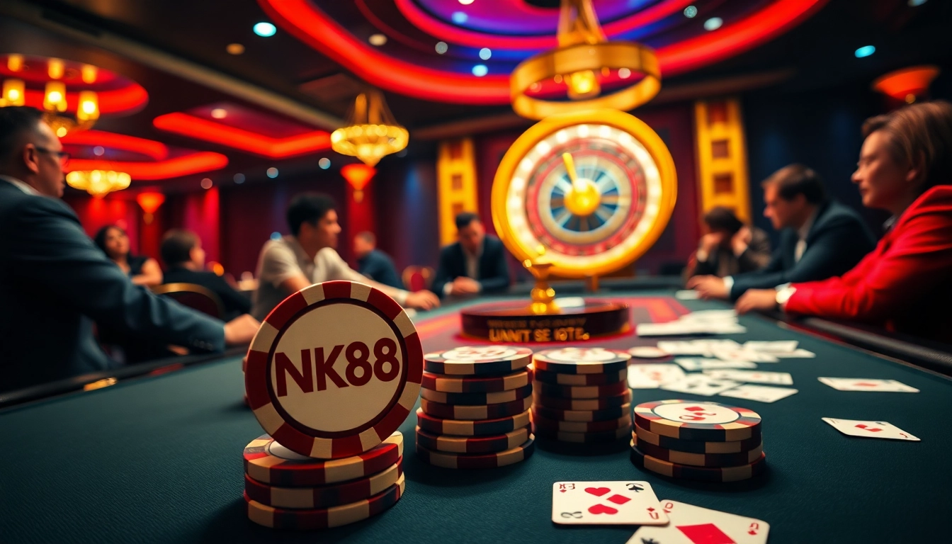 Experience the thrill of NK88 poker games with stacked chips and intense player action.