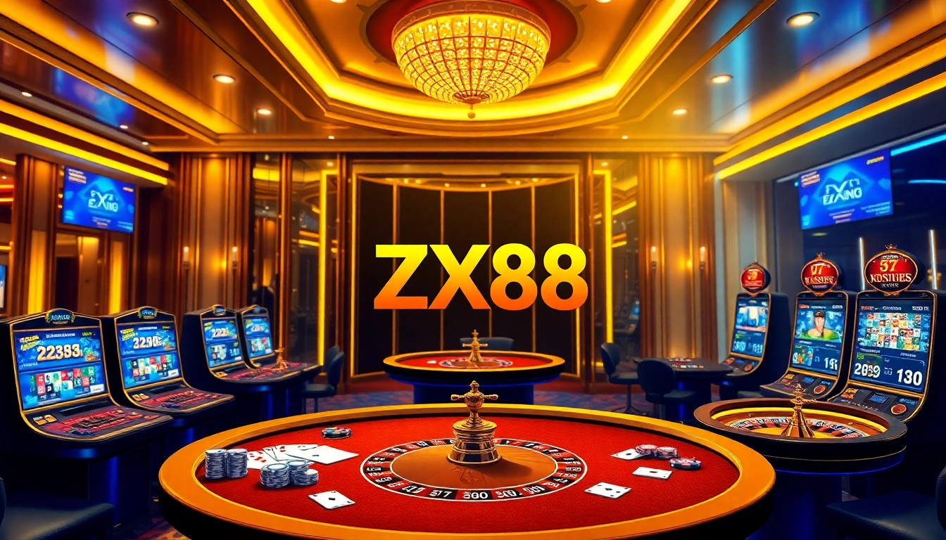 Engaging online gambling action visual featuring https://zx88.live/ logo with casino tables and slot machines.