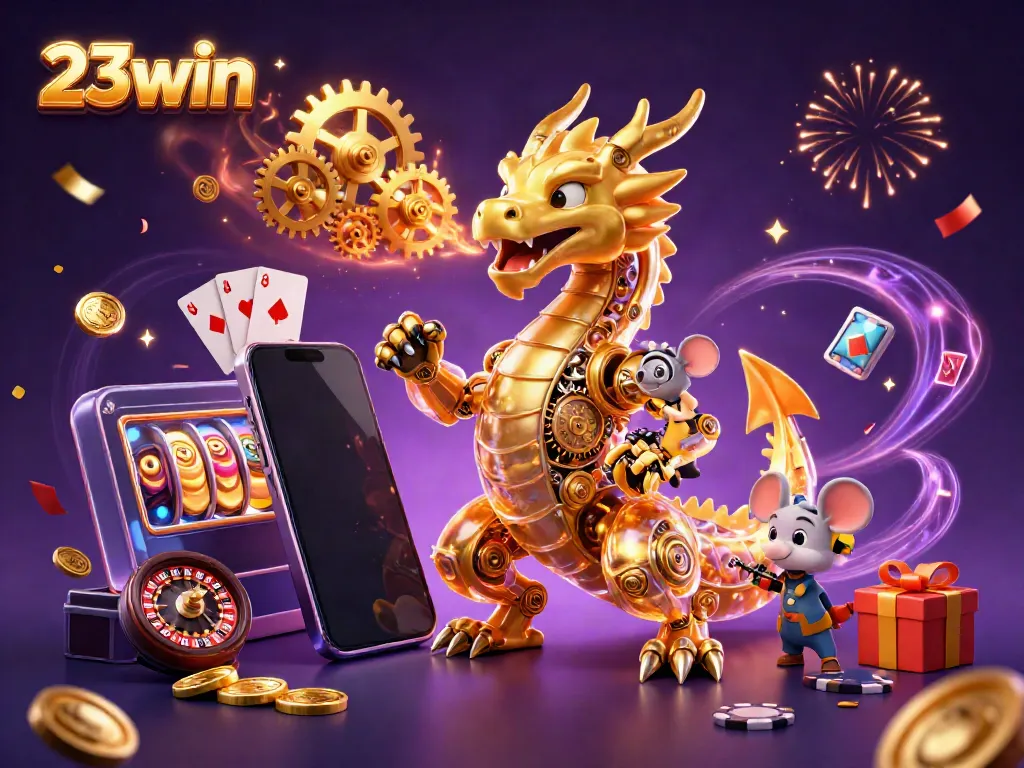 Experience thrilling gameplay at 23win with vibrant slots and a golden dragon showcasing excitement.