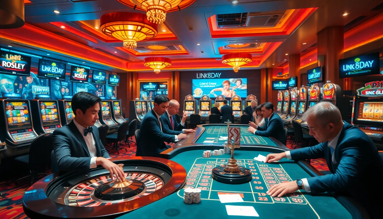 Engaging players at a thrilling roulette table in the luxurious casino scene, showcasing Link 8DAY promotions.