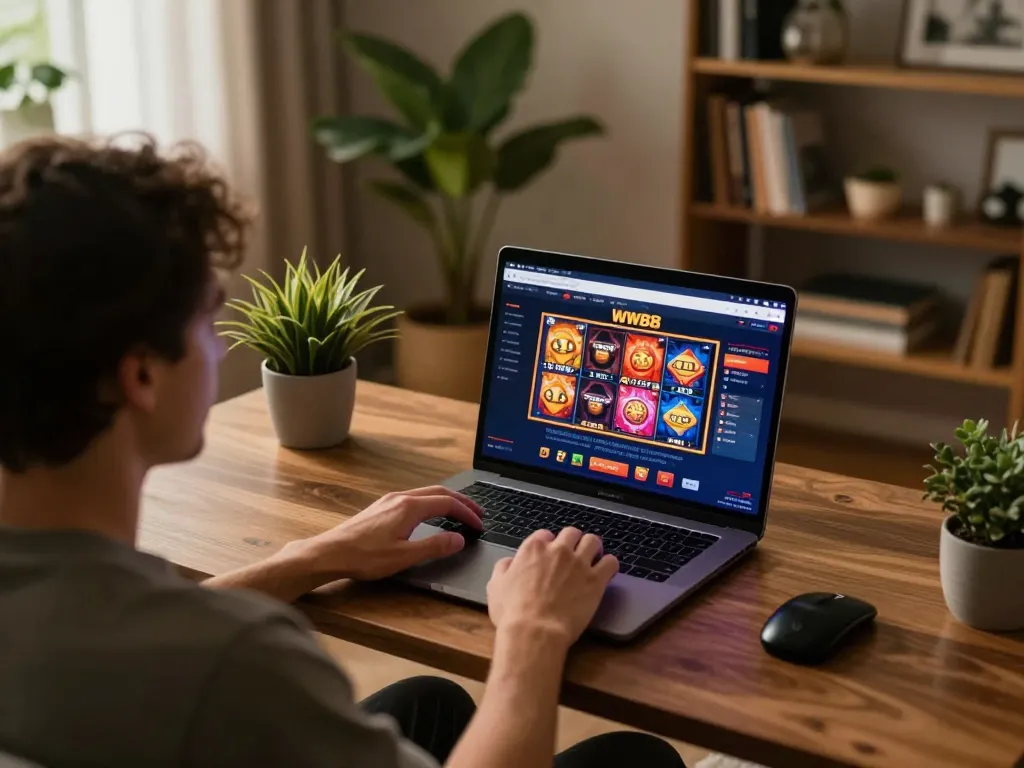 Player engaging with WW88 online casino slots while seated at home desk during cozy evening