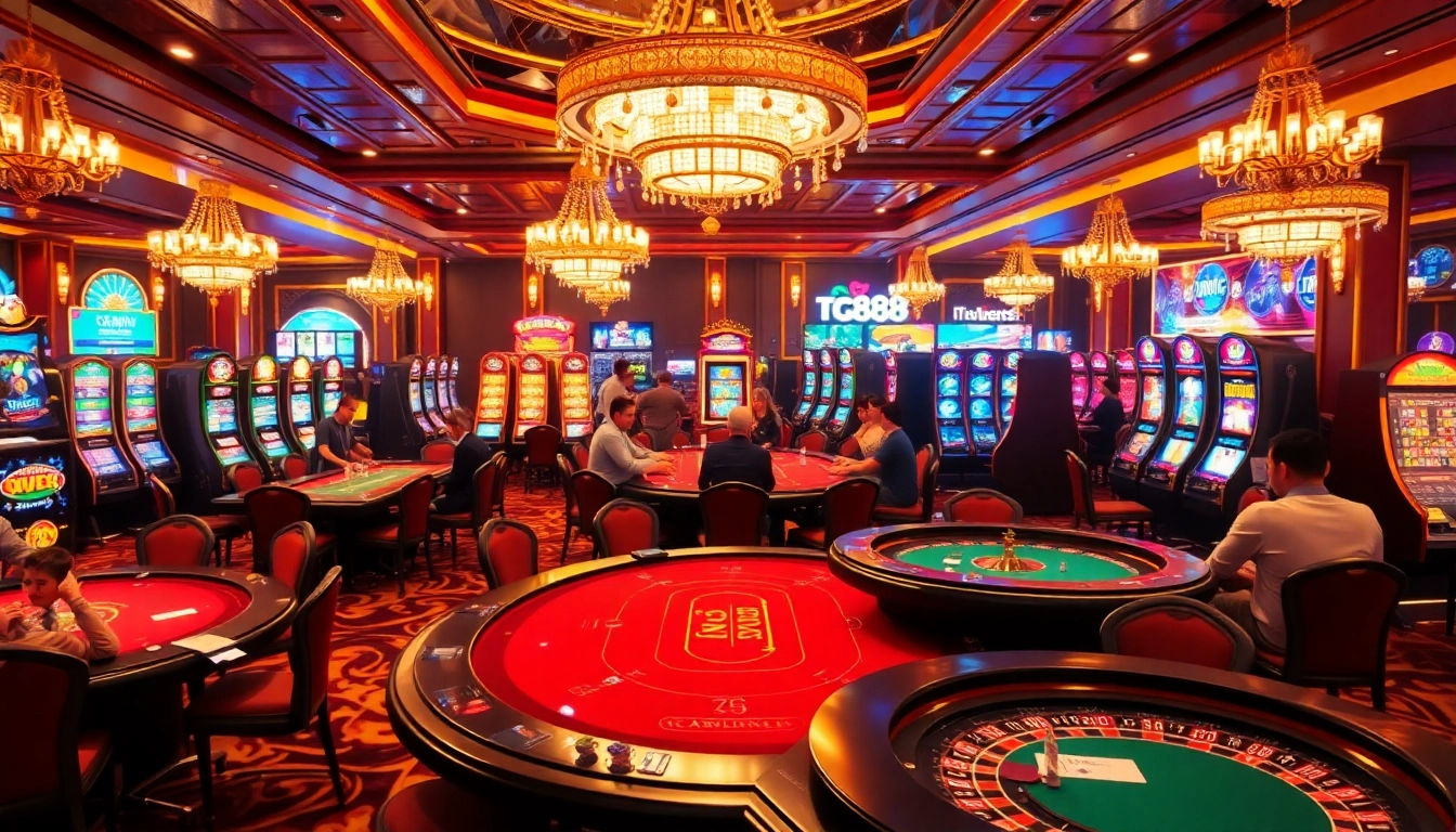 Experience the thrill of tg88 with vibrant casino gaming, featuring poker tables and dynamic slot machines.