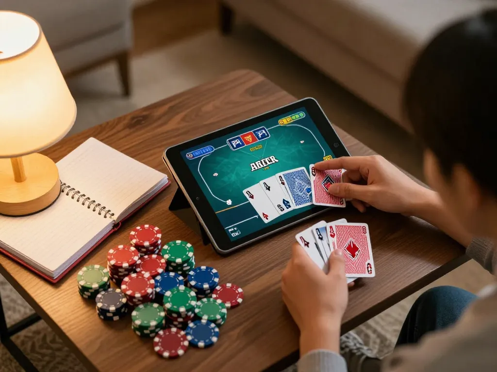 Player enjoys rikvip online poker, analyzing cards on a tablet in a cozy home setting.