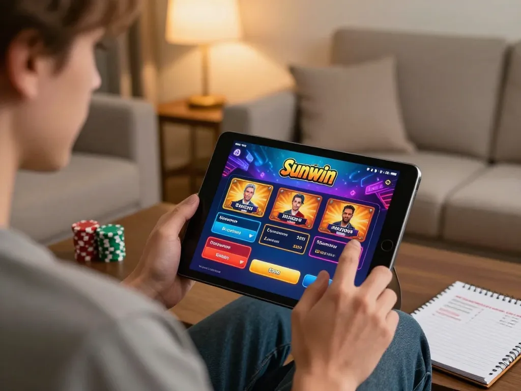 Player enjoying Sunwin app on tablet with colorful casino graphics in a cozy home environment.