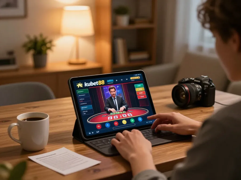 Kubet88 player engaged in online casino games during a cozy evening setup.