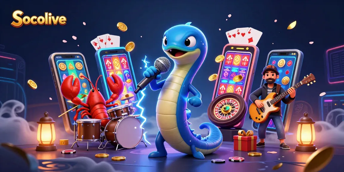 Socolive offers a vibrant gaming experience with an electric eel DJ, lively characters, and dynamic casino elements.