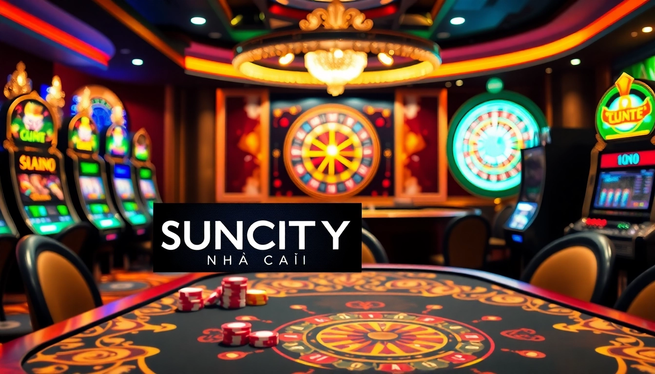 SUNCITY nhà cái highlights an exciting casino scene with tables, slot machines, and vibrant poker chips.
