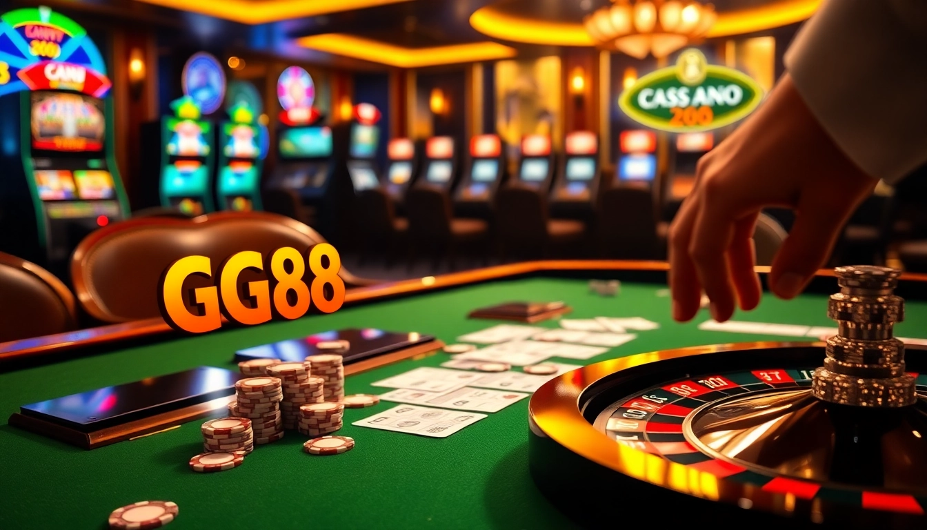 Experience the thrill of betting with GG88 in a luxurious casino setting, featuring poker chips and slot machines.