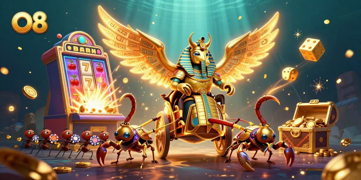 O8 presents a captivating 3D scene with a golden scarab beetle and jackpot-themed elements showcasing vibrant casino excitement.